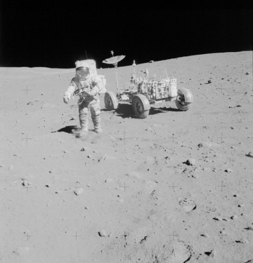 The Lunar Roving Vehicle (LRV), pictured here with Apollo 15 Lunar Module Pilot (LMP) Jim Irwin, was of fundamental importance in enabling the crews of the J-series Apollo missions to expand the scope of their scientific exploration. Photo Credit: NASA