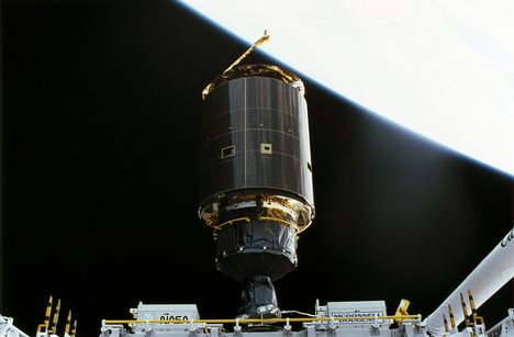 Its new booster securely fitted, Intelsat 603 drifts away from Endeavour's payload bay. After insertion into geosynchronous orbit, the satellite was instrumental in providing television coverage of the 1992 Barcelona Olympics. Photo Credit: NASA
