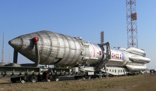 The Proton-M vehicle is rolled out horizontally to its launch pad. Photo Credit: Roscosmos