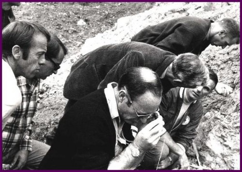 Pictured during geology training in Germany in August 1970, the Apollo 14 prime crew of Al Shepard (far left) and Ed Mitchell (inspecting rock sample) is shown with tyheir backups Gene Cernan and Joe Engle (far right). Had Apollos 18 and 19 remained on the manifest, it is highly likely that Cernan and Engle would both have walked on the Moon on Apollo 17. Photo Credit: NASA