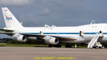 NASA's 747 being prepared for the move into the 'mate de-mate' device. Photo Credit Julian Leek / Blue Sawtooth Studios