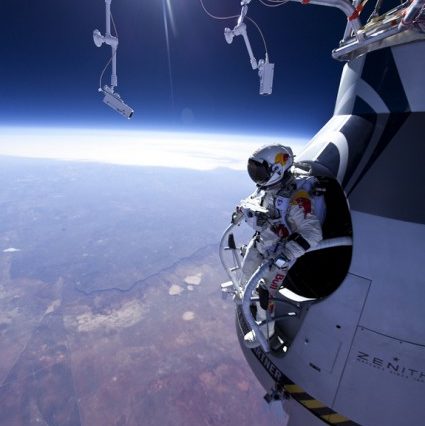 Felix Baumgartner moments before jumping from an altitude of just over 71,000 feet last March. The jump was a dress rehearsal for a planned record breaking jump from 120,000 feet October 8. Photo Credit: Jay Nemeth / Red Bull Content Pool