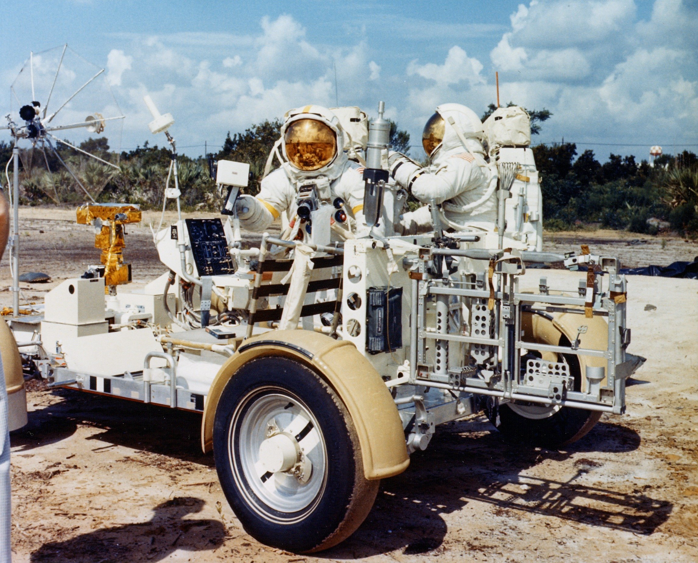 Training for a mission which, for one of them, would never come to pass, Dick Gordon (left) and Jack Schmitt work with a mockup of the Lunar Roving Vehicle (LRV) during their Apollo 15 backup duties. Schmitt's importance as a professional geologist assured him a seat on Apollo 17. Gordon was not so lucky. Photo Credit: NASA
