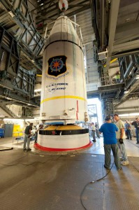 The U.S. Air Force's GPS IIF-3 satellite, encapsulated inside its 4-meter diameter payload fairing, is mated to a United Launch Alliance Delta IV launch vehicle. Photo Credit: United Launch Alliance