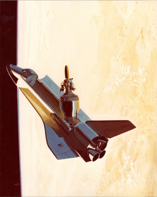 Artist's impression of Galileo, attached to the giant Centaur-G Prime upper stage, shortly before deployment from the Shuttle in May 1986. The Challenger disaster sounded the death knell for the highly dangerous human-rated Centaur. Image Credit: NASA