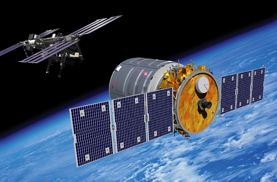 Artist's concept of the Cygnus cargo craft - newly named in honor of the late G. David Low - during rendezvous operations with the International Space Station. Image Credit: Orbital Sciences Corporation