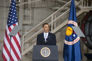 President Barack Obama discusses his plans and ambitions for NASA during an address at NASA's Kennedy Space Center, in April 2010. Photo Credit: NASA/Jim Grossman