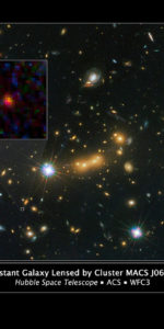 The newly discovered galaxy, named MACS0647-JD, is very young and only a tiny fraction of the size of our Milky Way. The object is observed 420 million years after the big bang. The inset at left shows a close-up of the young dwarf galaxy. This image is a composite taken with Hubble's WFC 3 and ACS on Oct. 5 and Nov. 29, 2011. Photo Credit: NASA, ESA, and M. Postman and D. Coe (STScI) and CLASH Team.