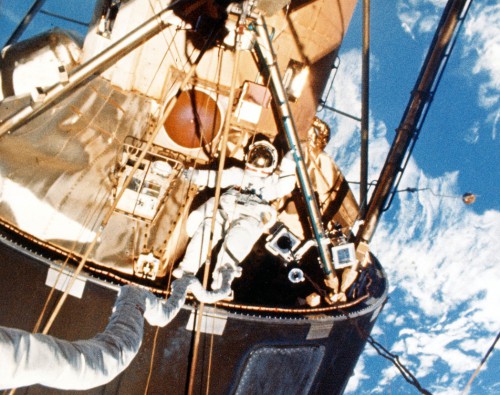 Ed Gibson participates in an EVA outside Skylab. This crew became the first team of Americans to spend Thanksgiving in orbit...and Gibson and Bill Pogue spent part of their day performing a spacewalk. Photo Credit: NASA