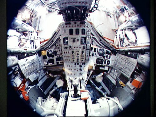 This fish-eye view of the interior of Gemini VII reveals the limited space available to Frank Borman and Jim Lovell during their 14-day mission. Within this cramped volume were not only the men themselves, but their food, experiments, cameras...and bags for their bodily wastes. Both astronauts likened it to living for two weeks in a men's room. Photo Credit: NASA