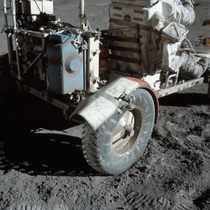Close-up view of a damaged fender on Apollo 17's lunar rover. This image offers some perspective of the size and scale of the battery-powered vehicle. Photo Credit: NASA