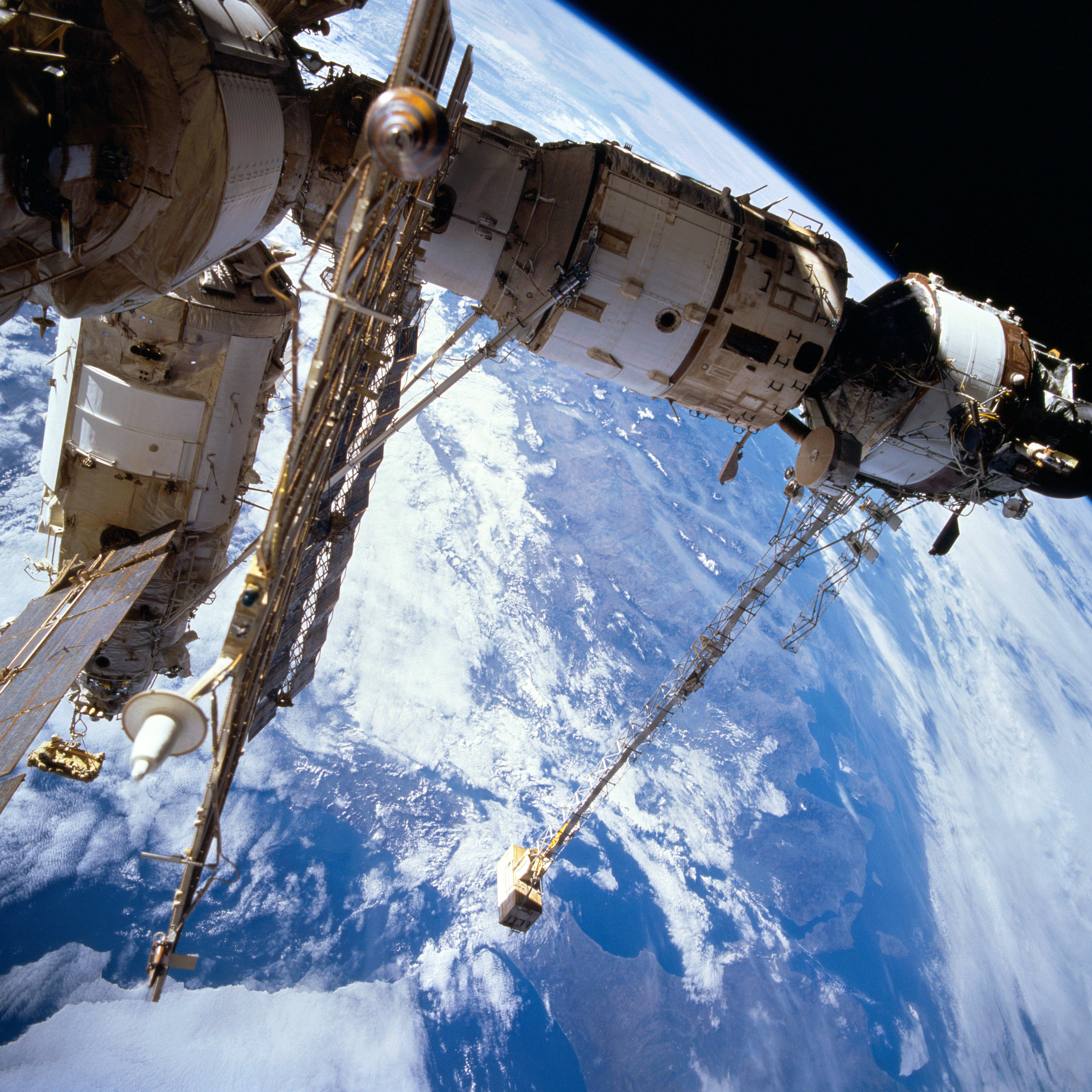 STS-76 was the fourth shuttle mission to rendezvous, and the third to dock, with Russia's Mir space station. It also marked the first shuttle mission to deliver a long-duration crew member and return to Earth with a smaller crew than that with which it launched. Photo Credit: NASA, via Joachim Becker/SpaceFacts.de