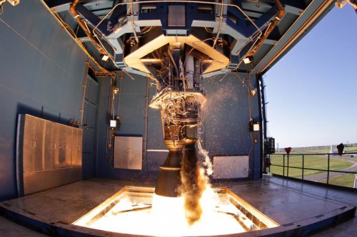 The Merlin-1D burns hot and hard at SpaceX's Rocket Development Facility in McGregor, Texas, in June 2012. Nine Merlin-1D first-stage engines and a single Merlin-1D Vacuum second-stage engine will propel the SES-8 communications satellite into geostationary transfer orbit. Photo Credit: SpaceX