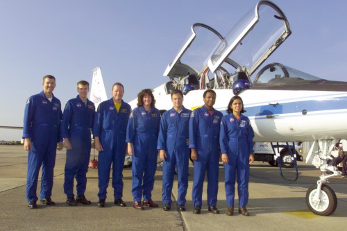 Pictured at Ellington Field in front of one of NASA's T-38 training jets, the STS-107 crew comprised (from left) Rick Husband, Willie McCool, Dave Brown, Laurel Clark, Ilan Ramon, Mike Anderson and Kalpana Chawla. Photo Credit: NASA 