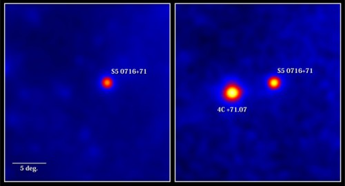 Prior to its strong outbursts in 2011, blazar 4C +71.07 was a weak source for Fermi’s LAT. These images centered on 4C +71.07 show the rate at which the LAT detected gamma rays with energies above 100 million electron volts; lighter colors equal higher rates. The image at left covers 2.5 years, from the start of Fermi’s mission to 2011. The image at right shows 10 weeks of activity in late 2011, when 4C +71.07 produced its strongest outburst. A more frequently active blazar, S5 0716+71, appears in both images. Photo Credit: NASA/DOE/Fermi LAT Collaboration