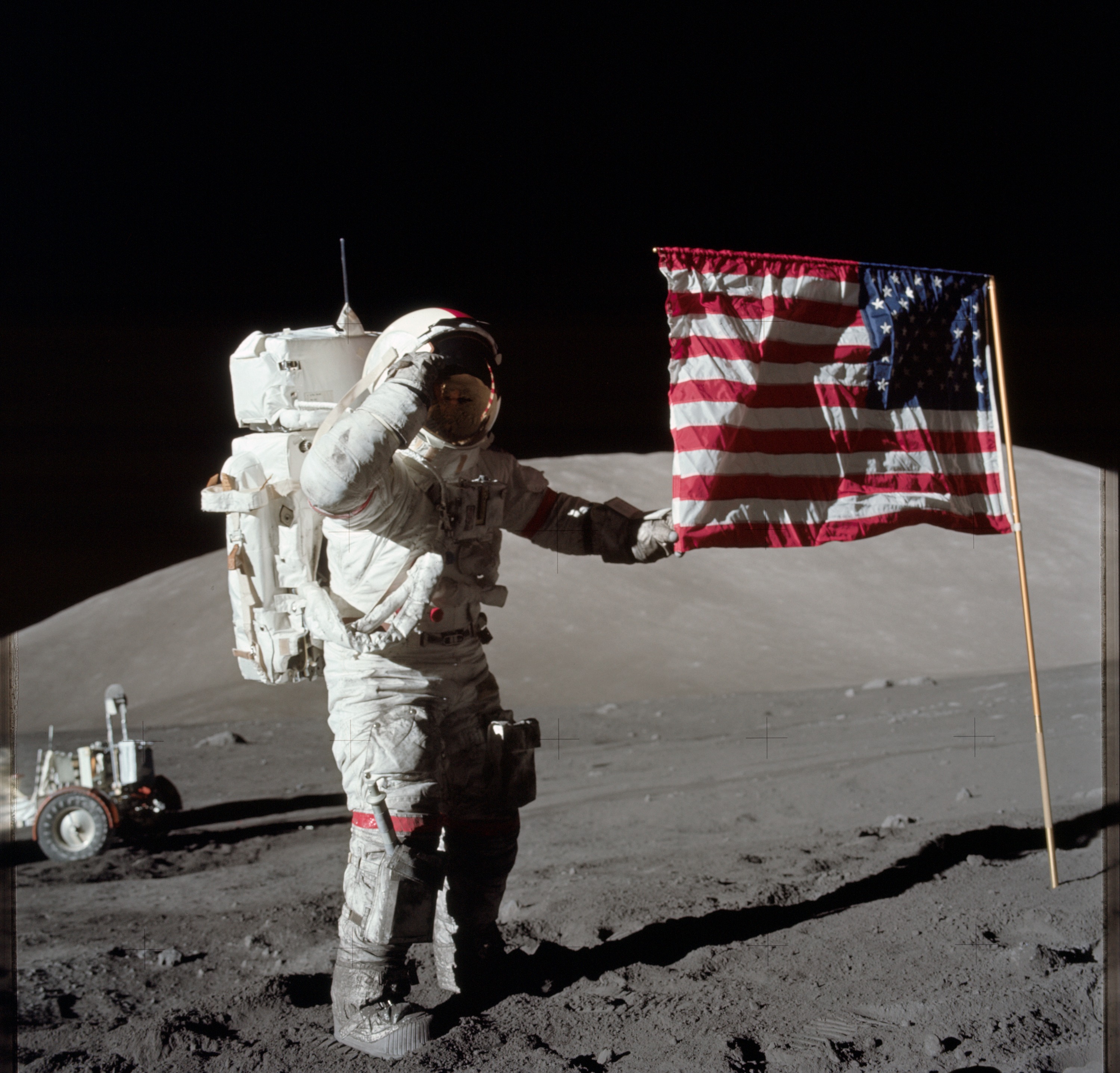 Gene Cernan salutes the U.S. flag at Taurus-Littrow in December 1972. Photo Credit: NASA