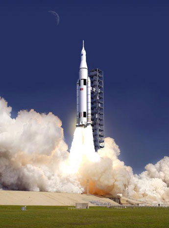 Tentatively scheduled for December 2017, the first flight of the Space Launch System (SLS) - consisting of four Shuttle-era Main Engines, a pair of five-segment Solid Rocket Boosters and a Delta-derived interim Cryogenic Propulsion Stage (iCPS) - will deliver the first human-capable craft to the vicinity of the Moon in almost five decades. Image Credit: NASA 