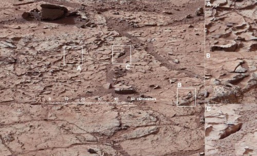 Curiosity's destination for its first drilling will be this patch of veined, flat-lying rocks. Photo Credit: NASA/JPL