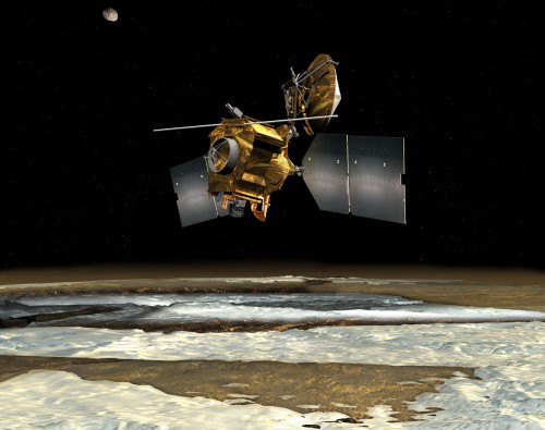 Artist's concept of the Mars Reconnaissance Orbiter (MRO) in orbit around the Red Planet. Its objectives are twofold: 'Reconnaissance' of current and future landing sites and 'Exploration' of Mars, in search of a warmer, wetter and perhaps life-sustaining past. Image Credit: NASA/Jet Propulsion Laboratory