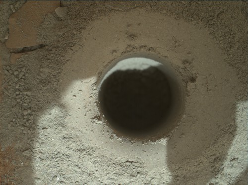 Close-up view of the second drill hole. Photo Credit: NASA / JPL-Caltech / MSSS
