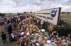 Hundreds of balloons and floral tributes are laid outside the gates of the Johnson Space Center (JSC) in Houston, Texas, in the days after the tragedy. Photo Credit: NASA