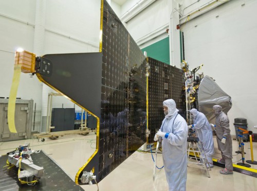 Technicians completing the final assembly of the Maven Spacecraft. Photo Credit: NASA/GSFC