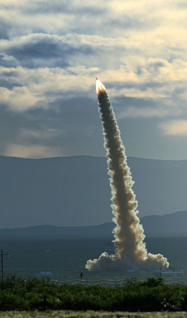 The Orion launch abort system lifts off during the Pad Abort 1 flight test on May 6, 2010 at the White Sands Missile Range. Photo Credit: NASA 