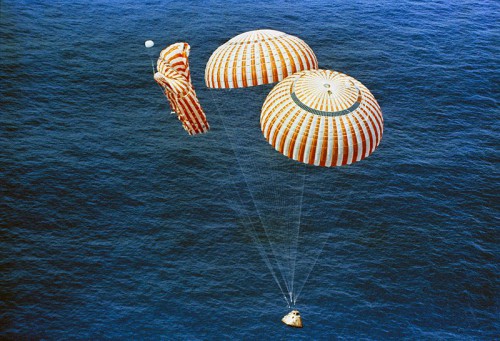 NASA has good reason to test just such a failure as the one it simulated today. In 1971, Apollo 15 returned to Earth from the Moon - and one of its parachutes failed to open. Photo Credit: NASA 