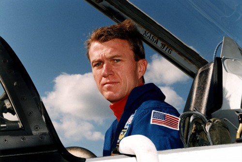 Jett looking pensive inside the cockpit of one of NASA's T-38 jets. Photo Credit: NASA/KSC