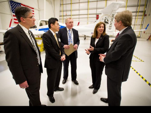 Pictured with NASA Deputy Administrator Lori Garver in January 2012, Michael Gazarik (left) believes that miniaturized systems and electrospray propulsion hold the key to our future endeavors. Photo Credit: NASA 