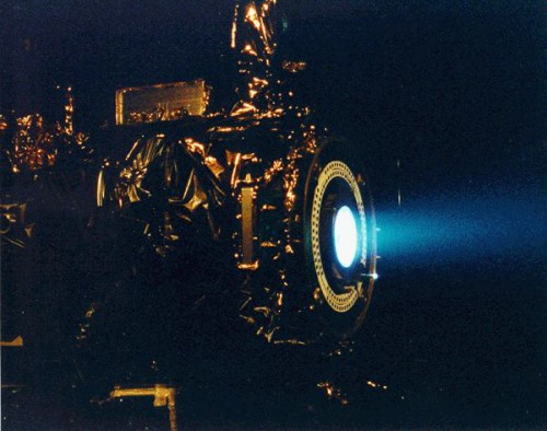 In a similar manner to ion thrusters, such as this one from the Deep Space-1 mission, electrospray technologies are also low-thrust methods, which might be useful for fine maneuvers of satellites. Photo Credit: NASA 