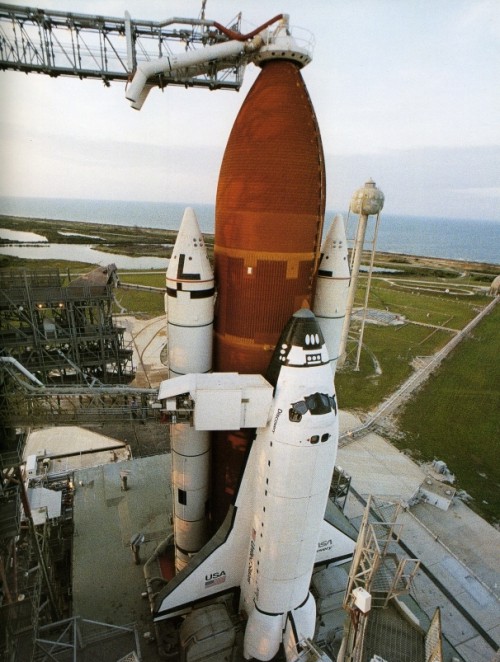 The 'white room' and crew access arm, aligned with Discovery's middeck ingress/egress hatch, are clearly visible in this image. Had a 'Mode One Egress' been called, the 41D astronauts would have been required to run to the slidewire escape baskets...and risk immersion in invisible hydrogen flames. Photo Credit: NASA