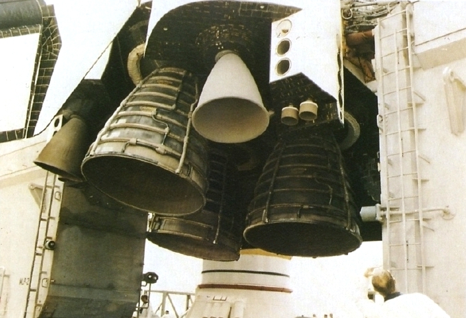 Close-up view of Discovery's three main engines, still exhibiting evidence of scorching from their momentary ignition on 26 June 1984, in the wake of the shuttle program's first Redundant Set Launch Sequencer (RSLS) abort. Photo Credit: NASA