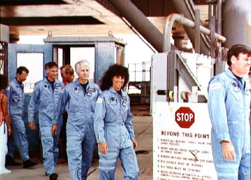 Clad in their blue flight suits, the STS-41D crew included America's second female astronaut, Judy Resnik. Photo Credit: NASA