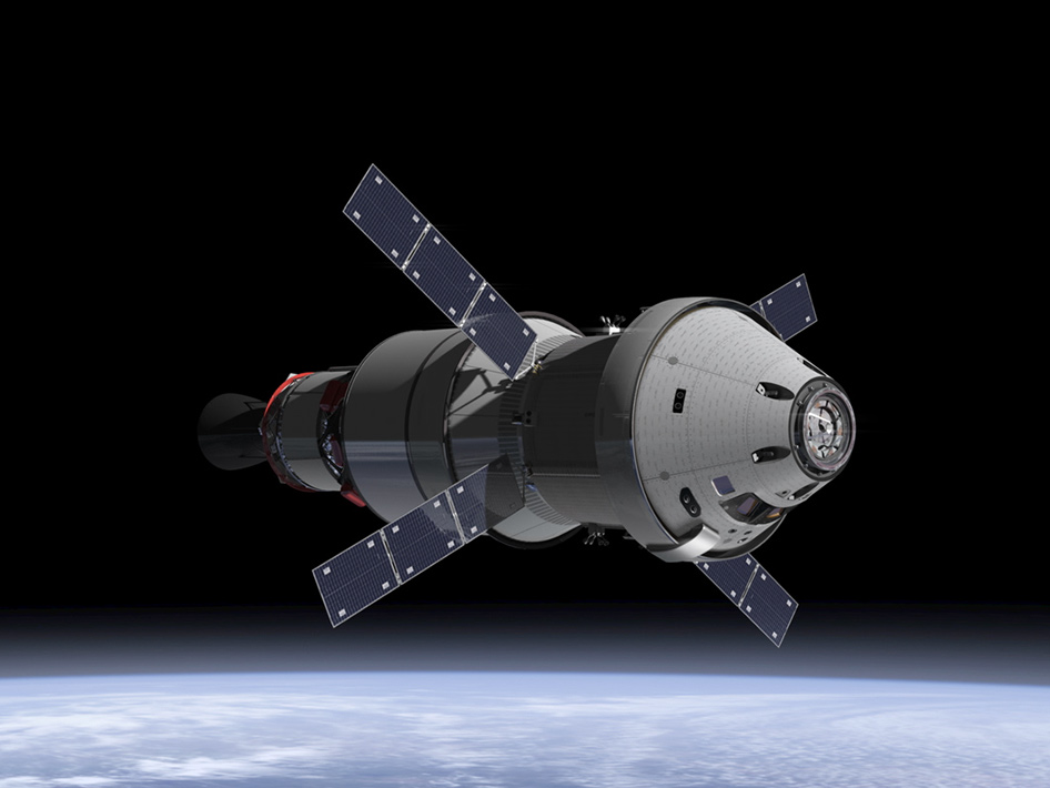 NASA image of the conical Orion crew capsule, attached to an ESA-built Service Module. The X-shaped "windmill" configuration of solar arrays is clearly visible. Image Credit: NASA