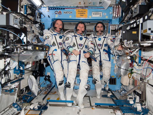 From left are NASA astronaut Kevin Ford, commander, with Roscosmos Flight Engineers Oleg Novitskiy and Evgeny Tarelkin. Photo Credit: NASA