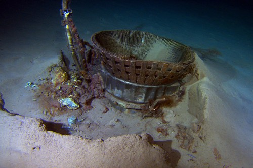 The thrust chamber of one of the Apollo F-1 engines as found on the bottom of the Atlantic Ocean. Photo Credit: Bezos Expeditions