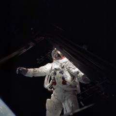 Rusty Schweickart's EVA sought to determine the effectiveness of the lunar surface suit in a vacuum. Unlike previous suits, it was completely self-contained. Photo Credit: NASA