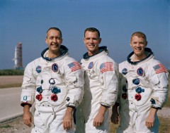 The Apollo 9 crew of (left to right) Jim McDivitt, Dave Scott and Rusty Schweickart began training to support the D Mission in 1966. Their spectacular test flight cleared another hurdle on the road to planting American bootprints on the Moon. Photo Credit: NASA
