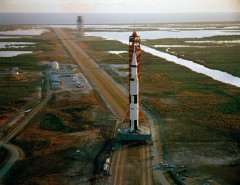 Mounted atop the most powerful rocket ever brought to operational status - the Saturn V - the Apollo 9 spacecraft rolls out to Pad 39A. Photo Credit: NASA