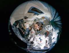 Pictured during LM-3 training in February 1969, astronauts Jim McDivitt (foreground) and Rusty Schweickart would put the Lunar Module through its paces. They would test its digital autopilot, its descent and ascent engines and its overall controllability. Photo Credit: NASA