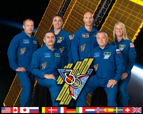 The two 'halves' of the Expedition 36, scheduled to be launched aboard Soyuz TMA-08 in March and Soyuz TMA-09M in May. Seated are Pavel Vinogradov (left) and Fyodor Yurchikhin, with (left to right) Aleksandr Misurkin, Chris Cassidy, Luca Parmitano and Karen Nyberg standing. Photo Credit: NASA