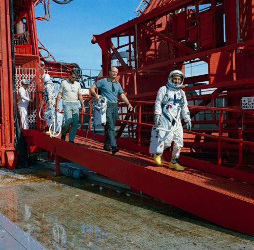 In addition to carrying the equipment of the prime crew, Gemini 3 backups Wally Schirra (third from the right) and Tom Stafford (second from right) saw to it that they fulfilled the mission's humor requirements. As a result, Gemini 3 would forever come to be known as 'The Corned Beef Sandwich Mission'. Photo Credit: NASA