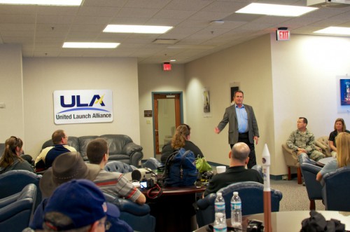 United Launch Alliance representative Tony Taliancich addresses the crowd at the first-ever ULA Tweetup. Photo Credit: Jeffrey J. Soulliere