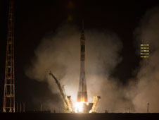 Soyuz TMA-08M roars into the darkened Baikonur sky at 2:43 a.m. local time on 29 March (8:43 p.m. GMT and 4:43 p.m. EDT on the 28th), despatching three new crew members toward the International Space Station. Photo Credit: NASA