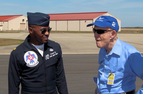AmericaSpace photograph of U.S. Air Force General (retired) and former Apollo astronaut  Thomas P. Stafford shares a joke with Thunderbirds Public Affairs Officer Darrick Lee during the lead up to the 2013 TICO Warbird Air Show. Photo Credit: Alan Walters / awaltersphoto.com