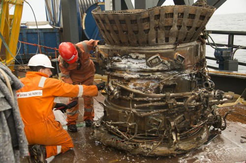 Thrust chamber of one of the recovered Apollo F-1 engines. Photo Credit: Bezos Expeditions