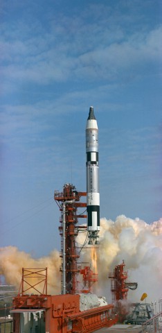 With a high-pitched whine of its engines, the Titan II carries its first human passengers into orbit on 23 March 1965. Photo Credit: NASA