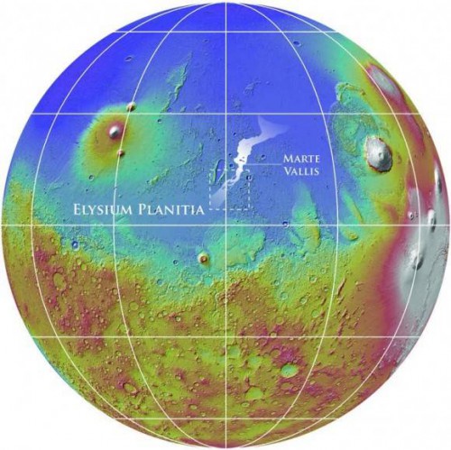 The location of the Marte Vallis channel system on Mars.  Image Credit: NASA/MOLA Team/Smithsonian Institution 