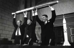 William Pickering, James Van Allen and Wernher Von Braun hold a model of Explorer 1 aloft in triumph after the successful launch of a U.S. satellite into orbit on 31 January 1958. Photo Credit: NASA